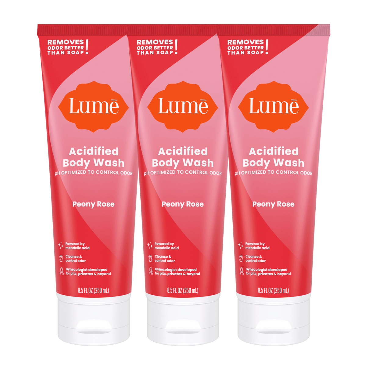 Three pink tubes of body wash in the scent Peony Rose